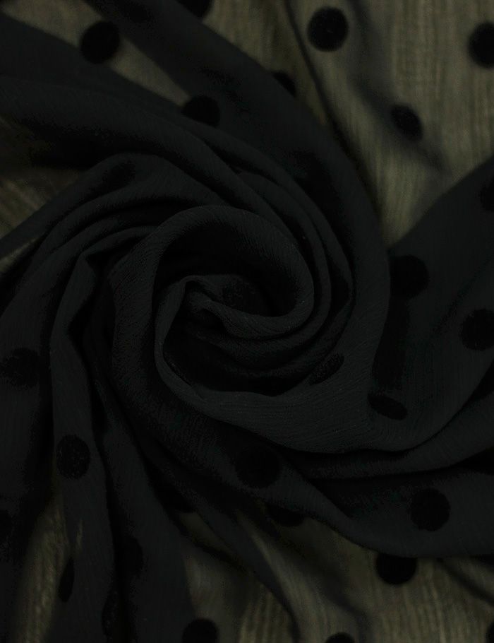 Ткань  Крэш-шифон Горох флок, черный 