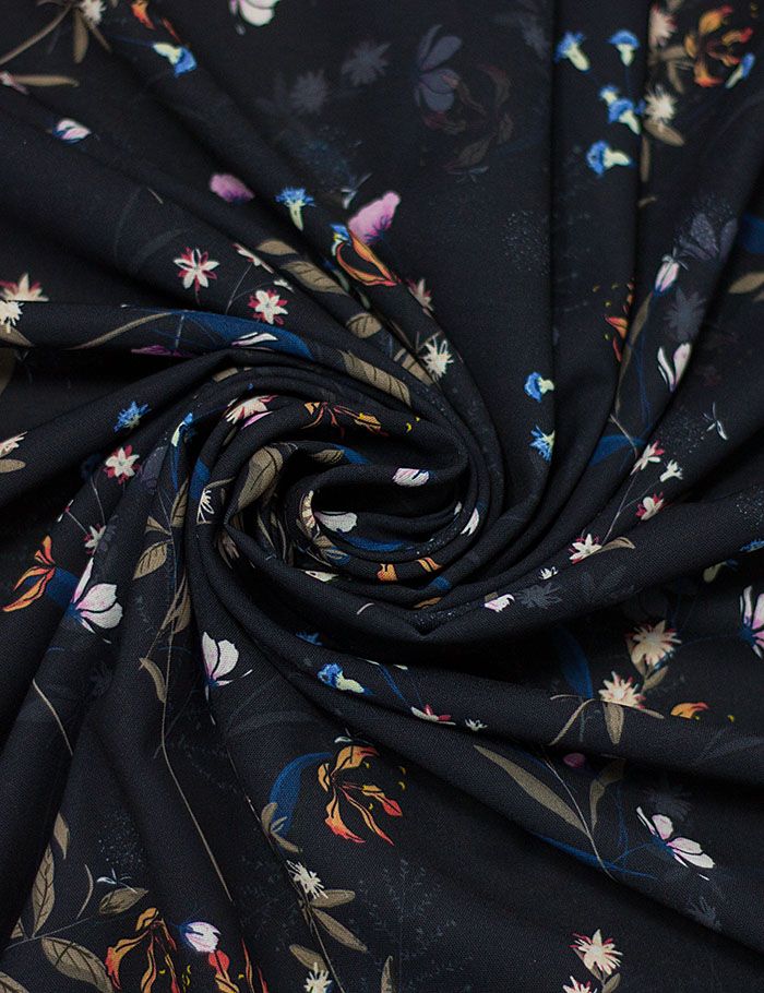 Ткань  плательный креп Диджитал,цветы на черном